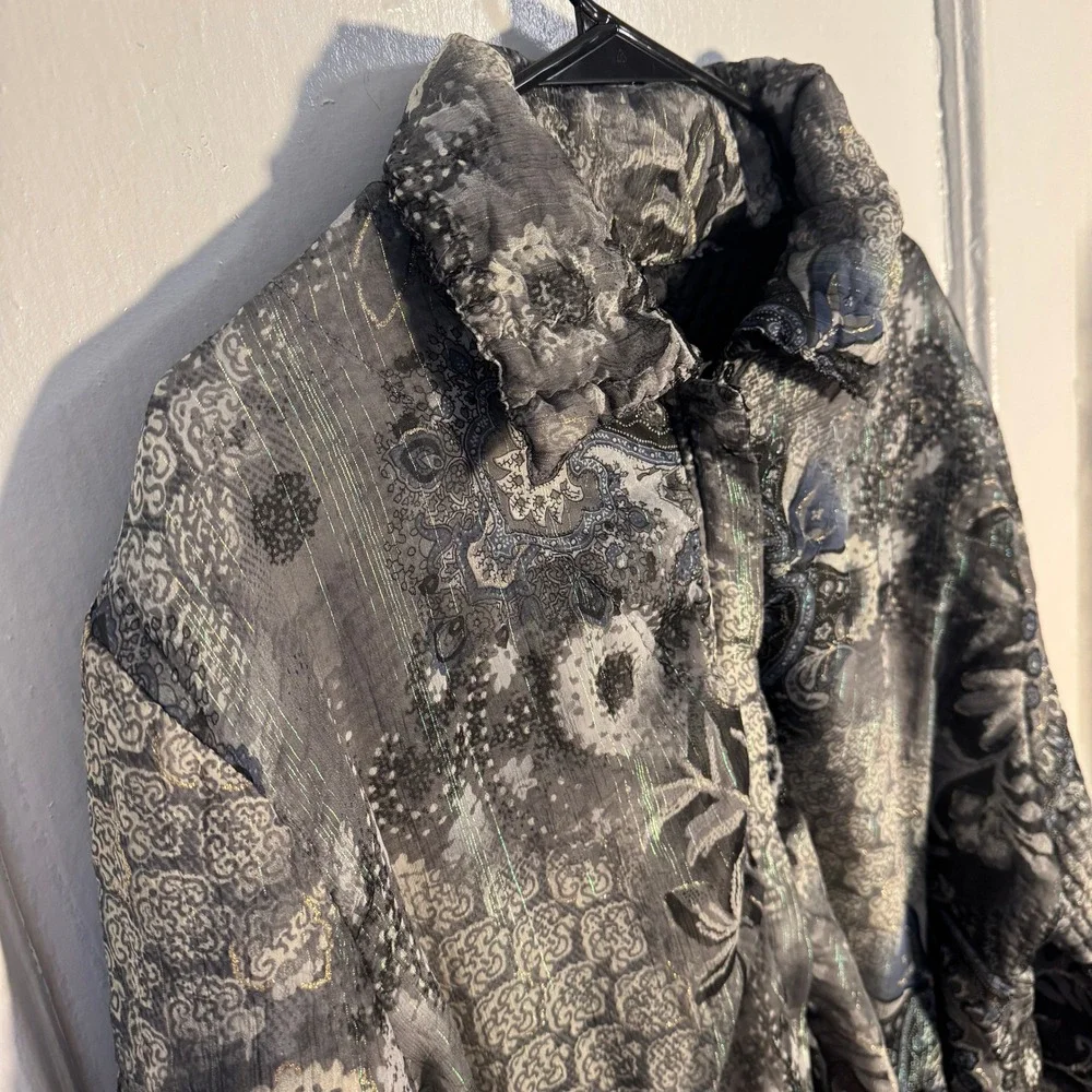 Vtg Y2K UbU Reversible Paisley Zip Jacket Metallic Floral Abstract Retro Silvr L